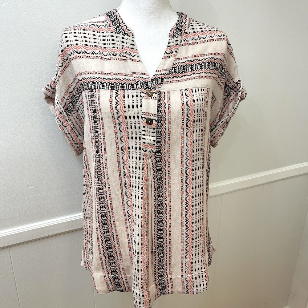 Easel Women's Boho‎ Short Sleeve Top Small Beige Black Coral